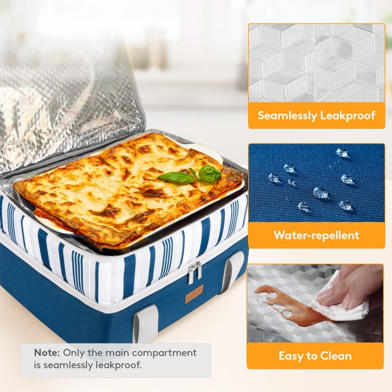 LUNCIA Double Decker Insulated Casserole Carrier for Hot or Cold Food, Lasagna Holder Tote for Potluck Parties/Picnic/Cookouts, Fits 9"x13" Baking Dish, Blue - Image 4
